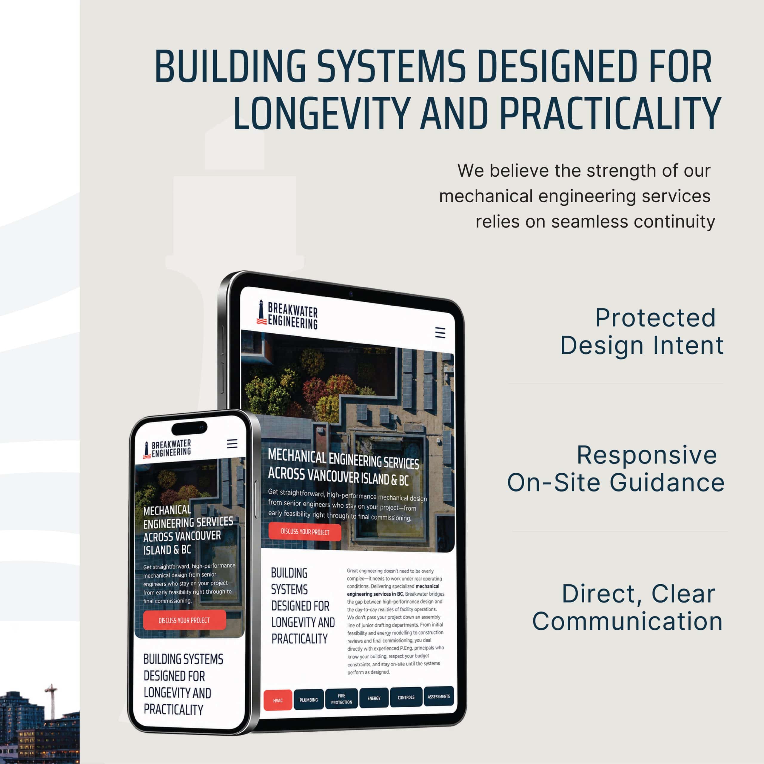 Responsive Breakwater Engineering WordPress website displayed on mobile and tablet screens, featuring adaptable layouts and mechanical engineering content.