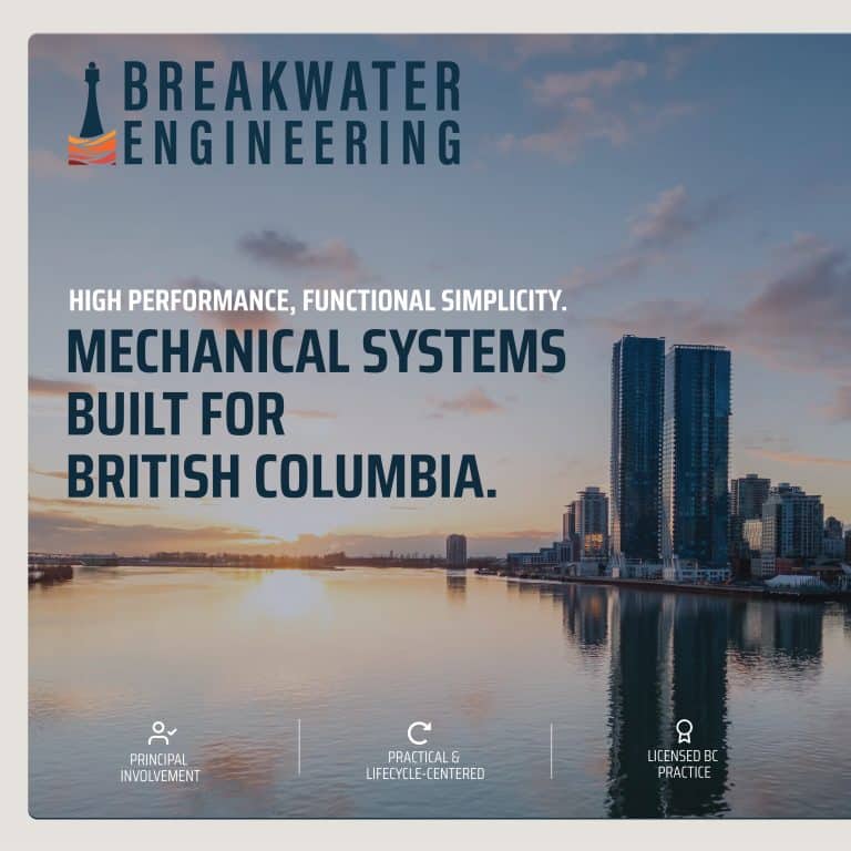 Breakwater Engineering WordPress homepage featuring Vancouver waterfront photography, bold typography, and mechanical engineering services in British Columbia.